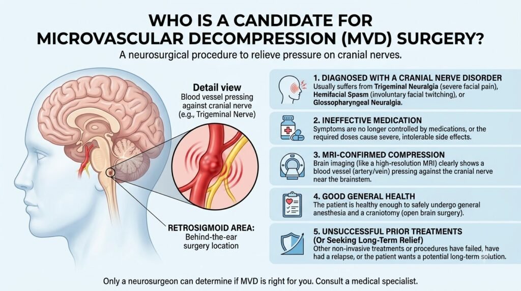 Learn who may be a candidate for microvascular decompression surgery, including symptoms, MRI findings, failed medications, health factors, and MVD eligibility.